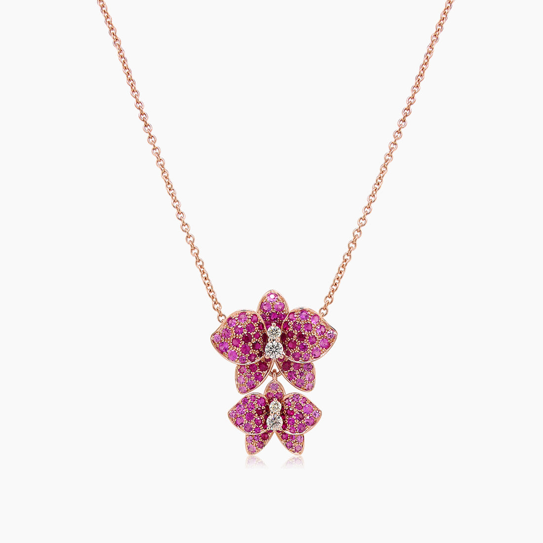 Pink Sapphire Ruby & Fancy Diamond Floral Rose Gold Butterfly Pendant Necklace