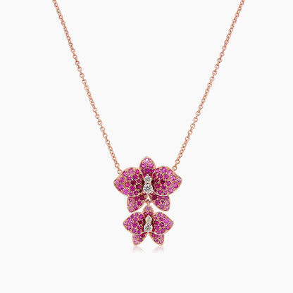 Pink Sapphire Ruby & Fancy Diamond Floral Rose Gold Butterfly Pendant Necklace