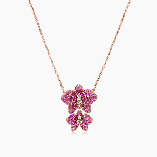 Pink Sapphire Ruby & Fancy Diamond Floral Rose Gold Butterfly Pendant Necklace