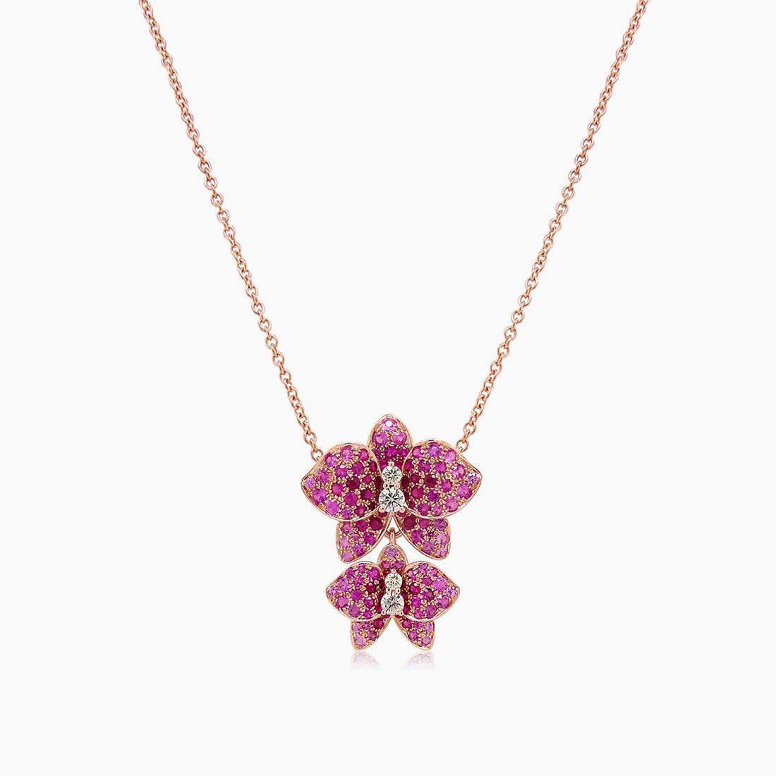 Pink Sapphire Ruby &amp; Fancy Diamond Floral Rose Gold Butterfly Pendant Necklace
