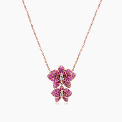 Pink Sapphire Ruby & Fancy Diamond Floral Rose Gold Butterfly Pendant Necklace