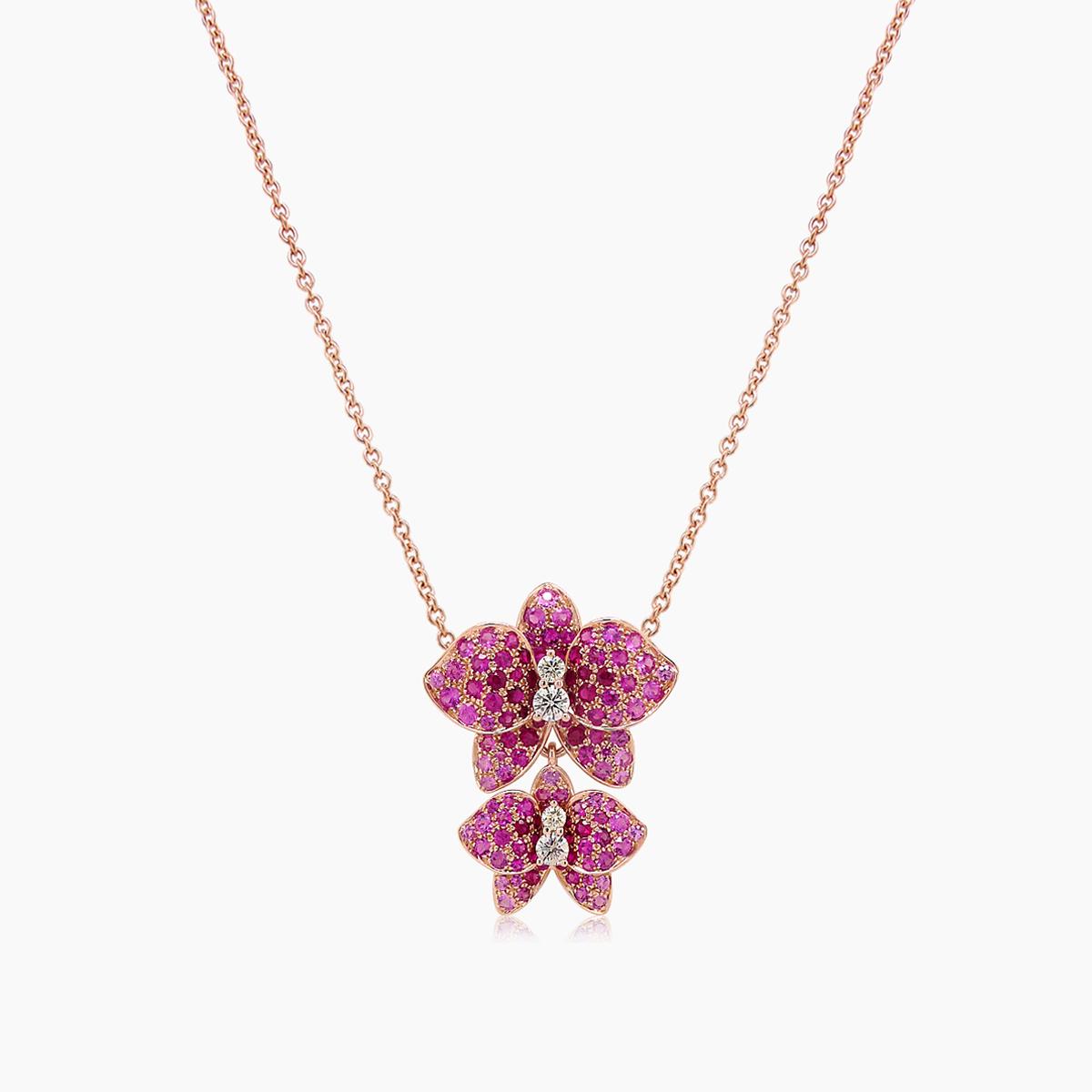 pink sapphire ruby & fancy diamond floral rose gold butterfly pendant necklace