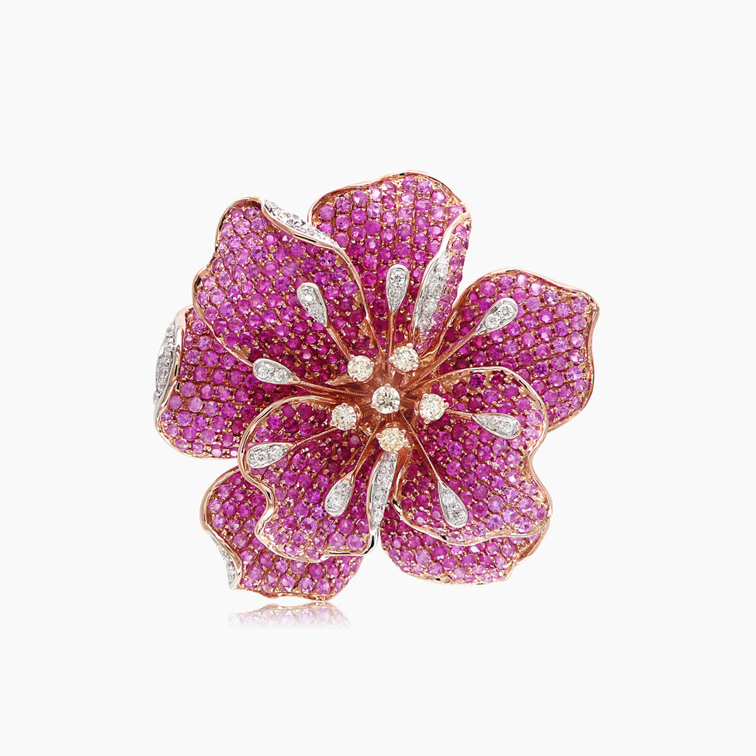 Pink Sapphire Ruby & Diamond Lilly Flower 18K Rose Gold Floral Design Ring