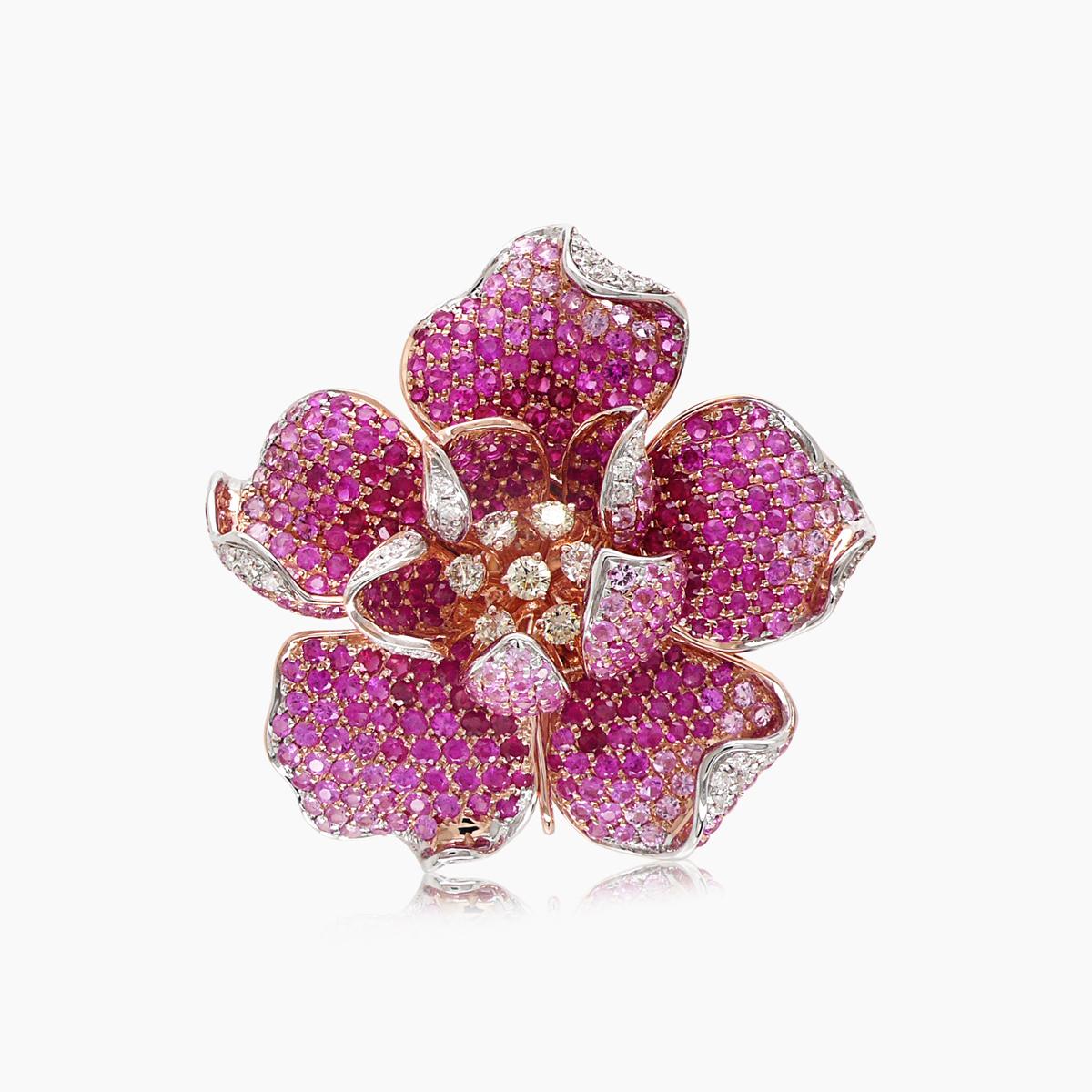 pink sapphire ruby & diamond lilly flower 18k rose gold floral design ring