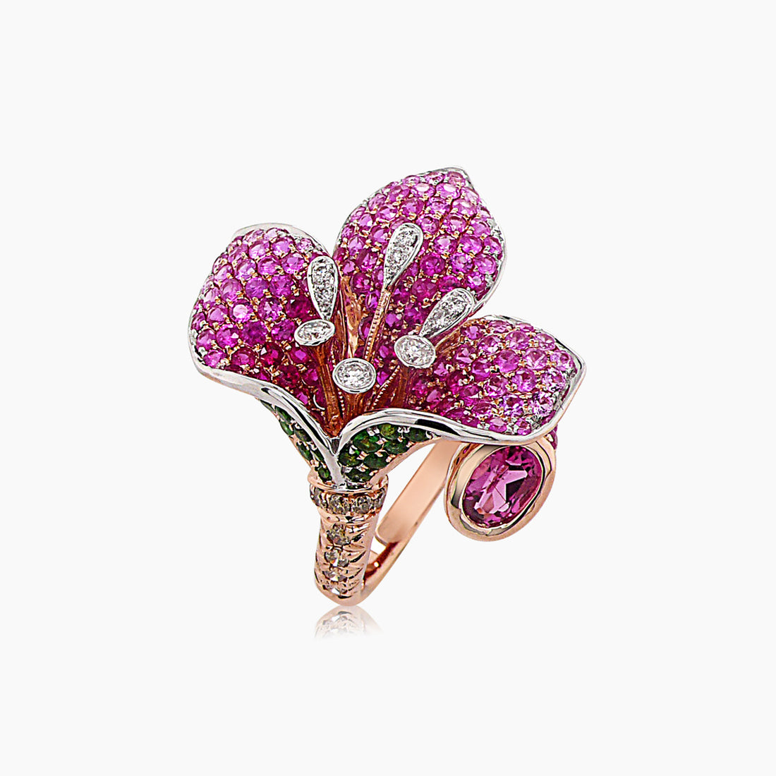 Pink Sapphire Ruby & Multi-Gemstone Lilly Flower Rose Gold Floral Design Ring