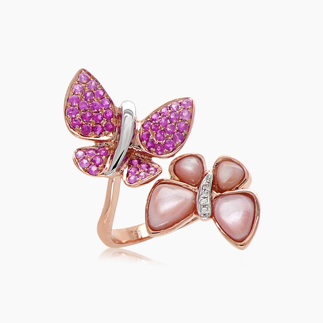 Pink Sapphire & Diamonds Pearl Pave Butterfly Sweet 18K Rose Gold Animal Ring