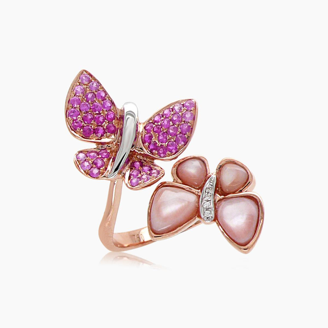 Pink Sapphire &amp; Diamonds Pearl Pave Butterfly Sweet 18K Rose Gold Animal Ring