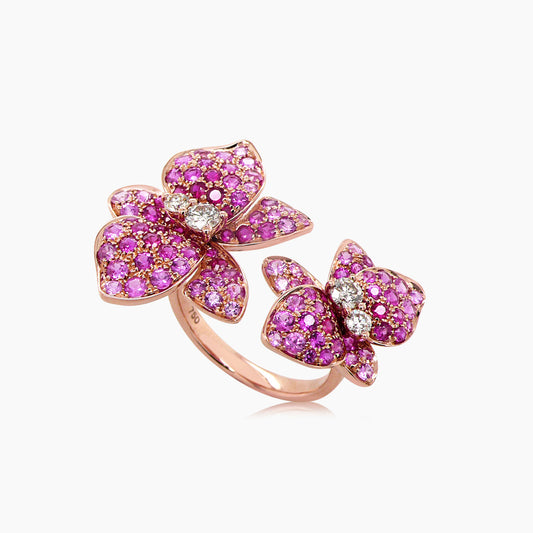 Pink Sapphire Ruby & Fancy Diamond Lilly Flower Flower 18K Rose Gold Ring