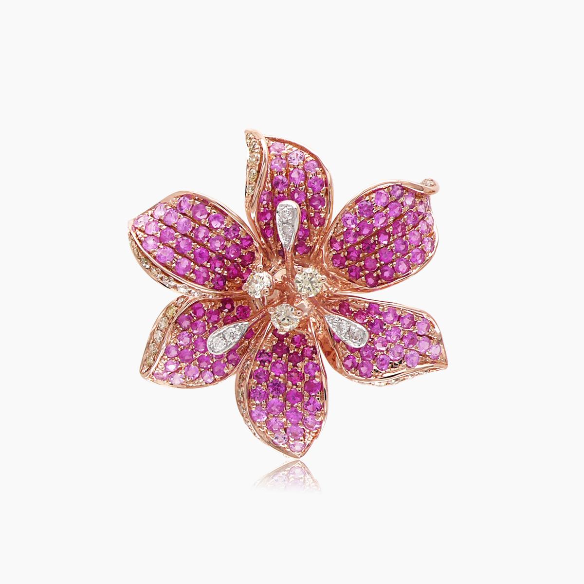 pink sapphire ruby & diamond lilly flower 18k rose gold floral design ring
