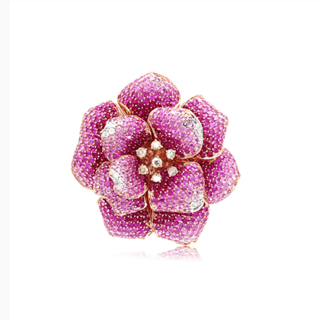 Pink Sapphire Ruby & Diamond Lilly Flower 18K Rose Gold Floral Design Ring