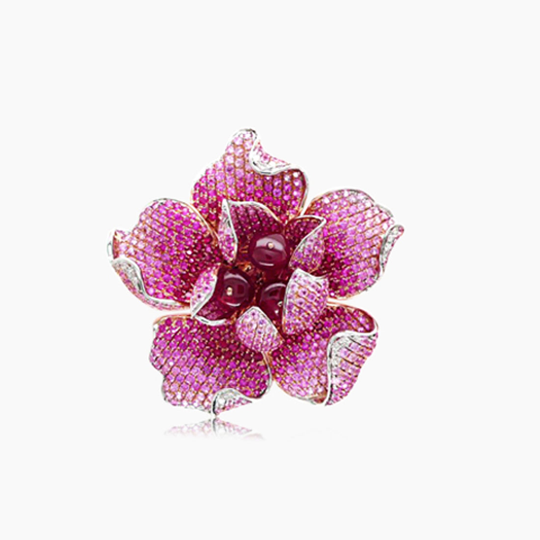 Ruby Pink Sapphire & White Diamond Lilly Flower 18K Rose Gold Floral Design Ring