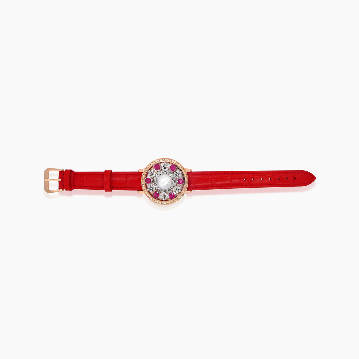 white shell pearl fancy diamond ruby white diamond 18k rose watch dial bracelet