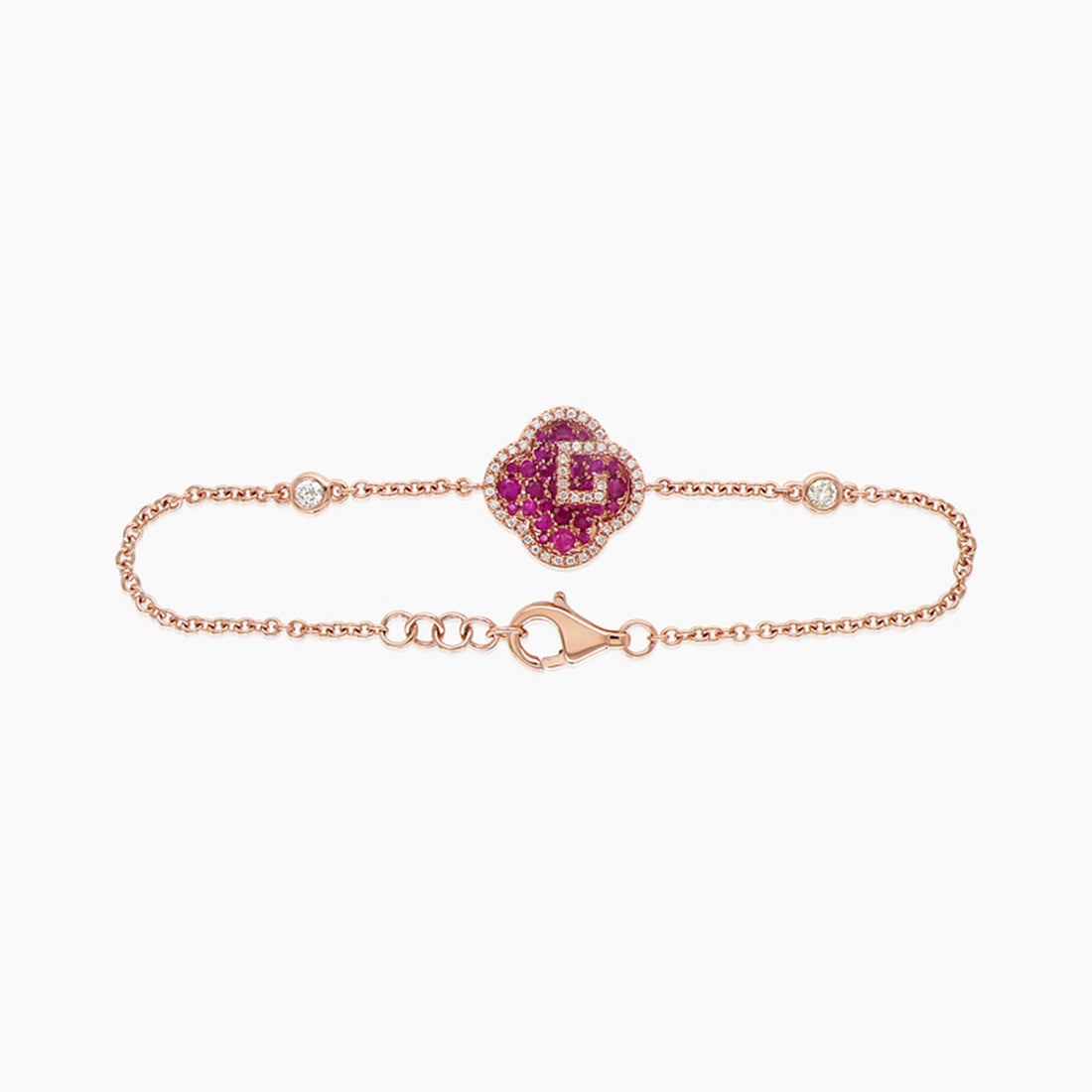Flower Clover Ruby Fancy Diamond & White Diamond 18K Rose Gold Bracelet