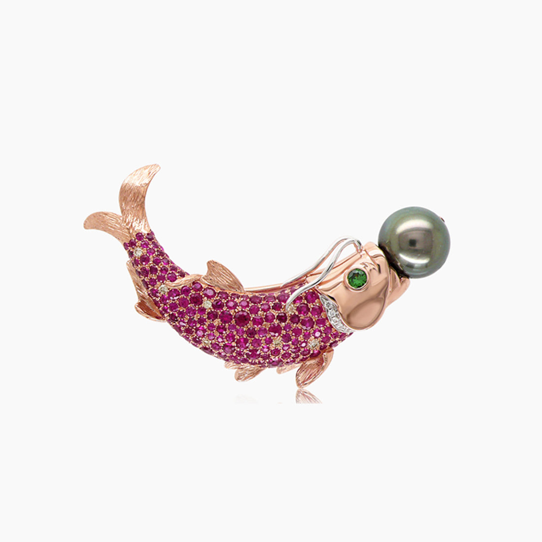 Sea Fish Diamonds Pave & Pink Ruby & Black Pearl 18K Rose Gold Pin Brooch