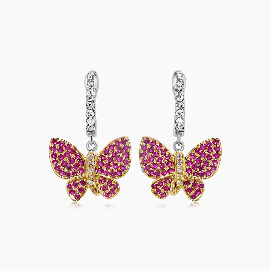 Pink Ruby &amp; Diamonds Butterfly Sweet 18K White Yellow Gold Clip Earrings
