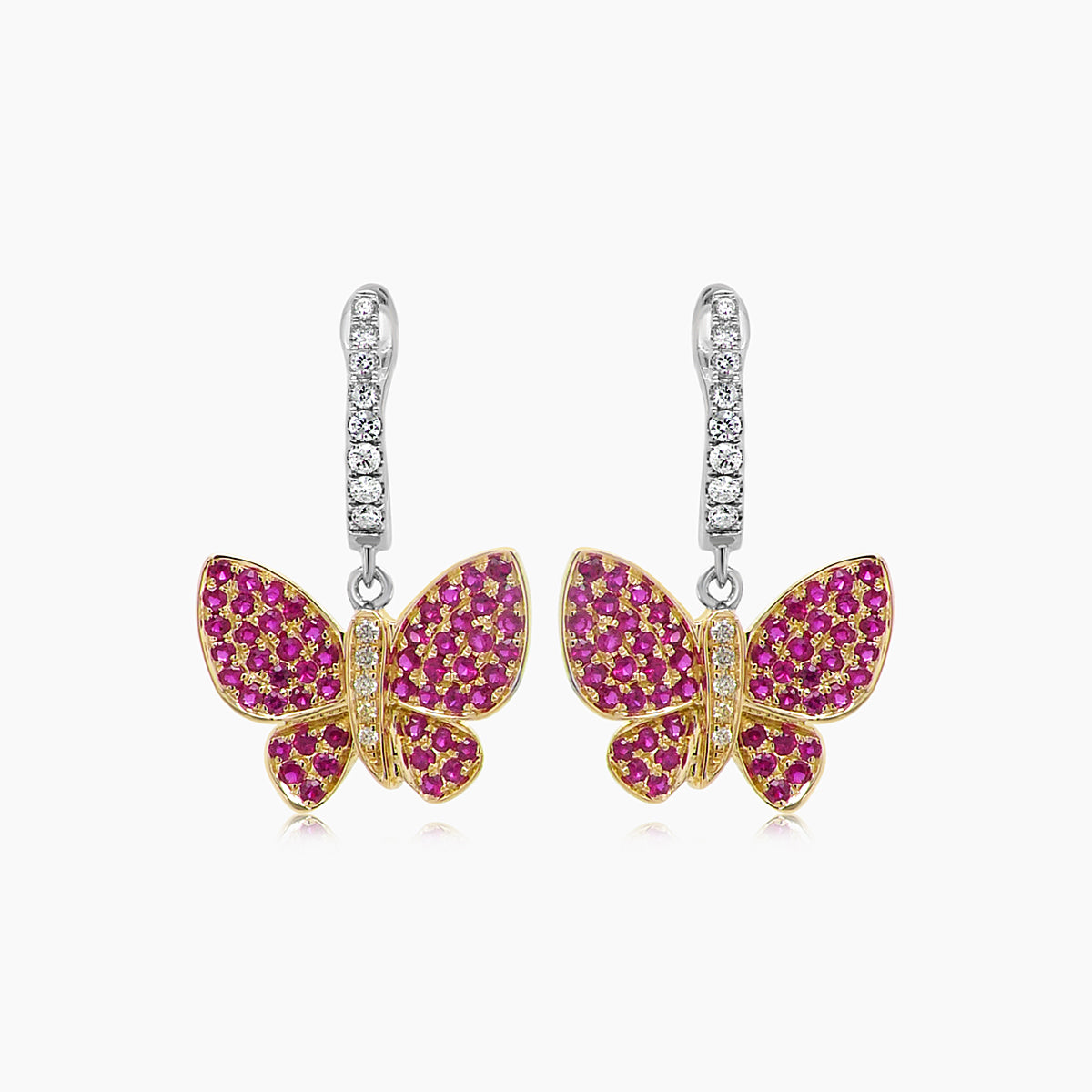 Pink Ruby & Diamonds Butterfly Sweet 18K White Yellow Gold Clip Earrings