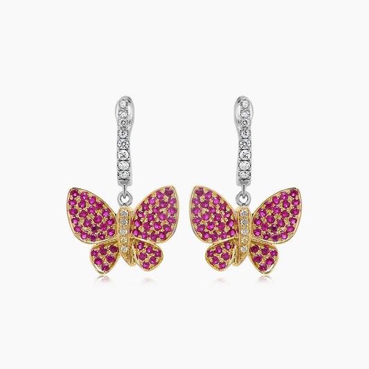 Pink Ruby & Diamonds Butterfly Sweet 18K White Yellow Gold Clip Earrings