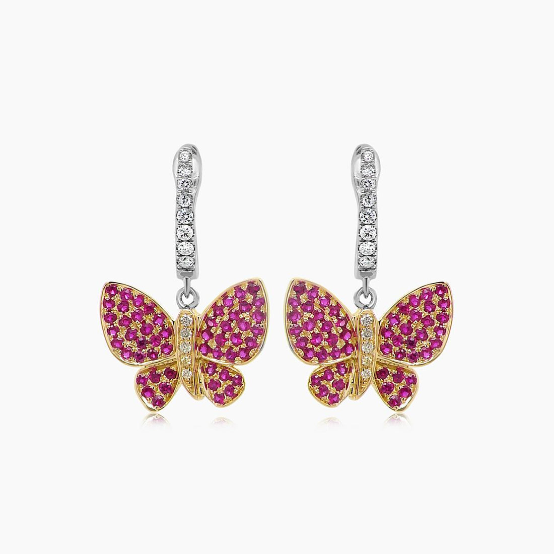 Pink Ruby &amp; Diamonds Butterfly Sweet 18K White Yellow Gold Clip Earrings