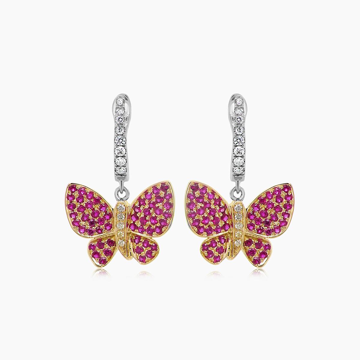 Pink Ruby & Diamonds Butterfly Sweet 18K White Yellow Gold Clip Earrings