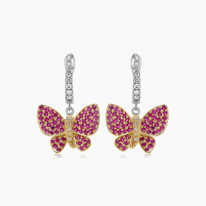 Pink Ruby & Diamonds Butterfly Sweet 18K White Yellow Gold Clip Earrings