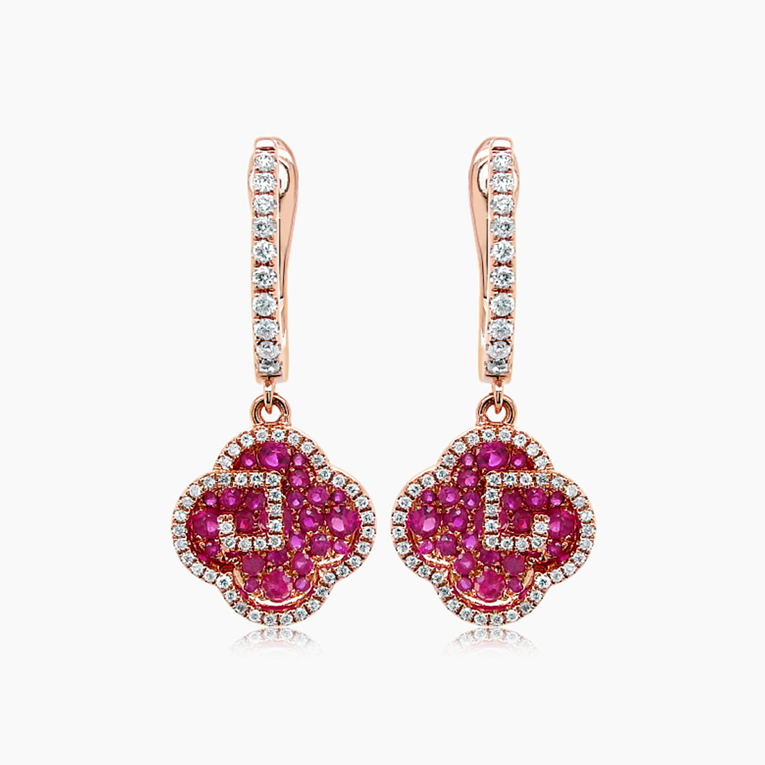 Ruby & Diamond 18K Rose Gold Floral Flower Clover Style Drop Earrings