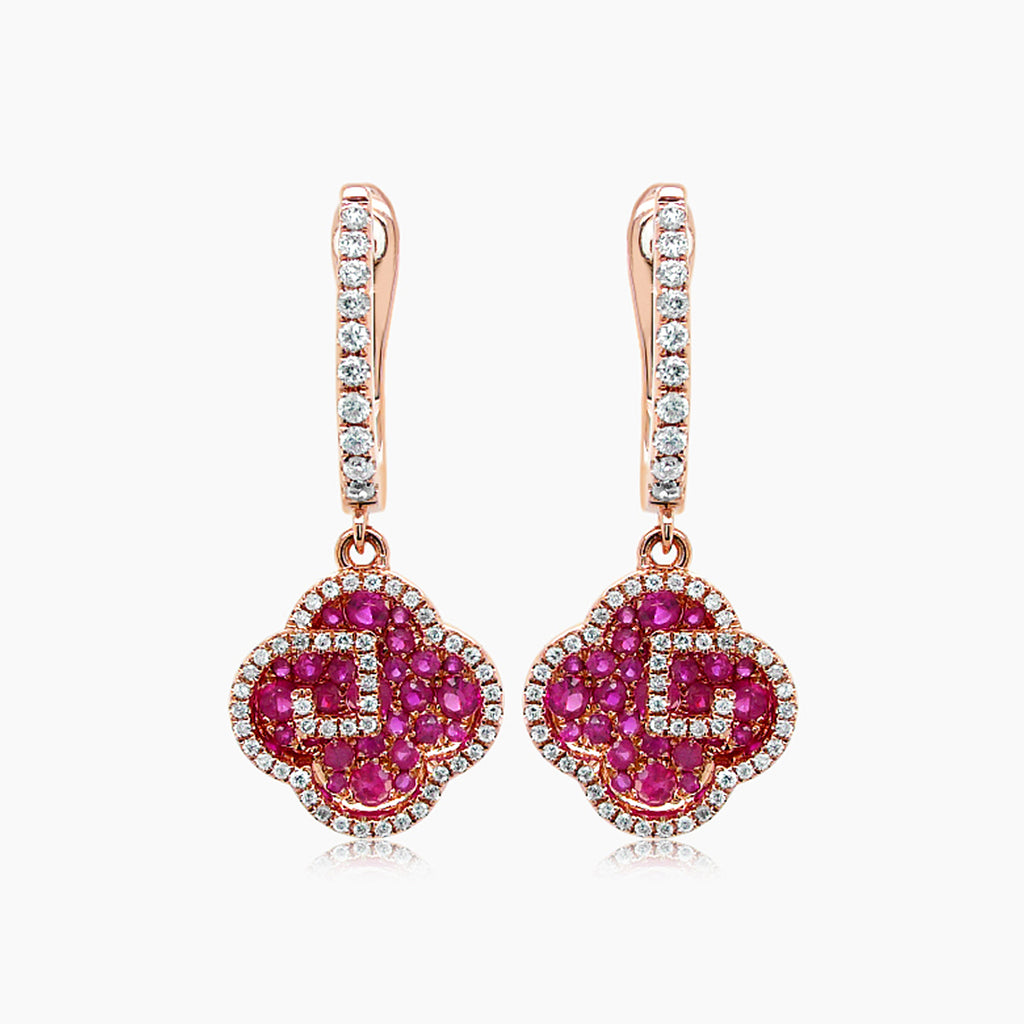 Ruby & Diamond 18K Rose Gold Floral Flower Clover Style Drop Earrings