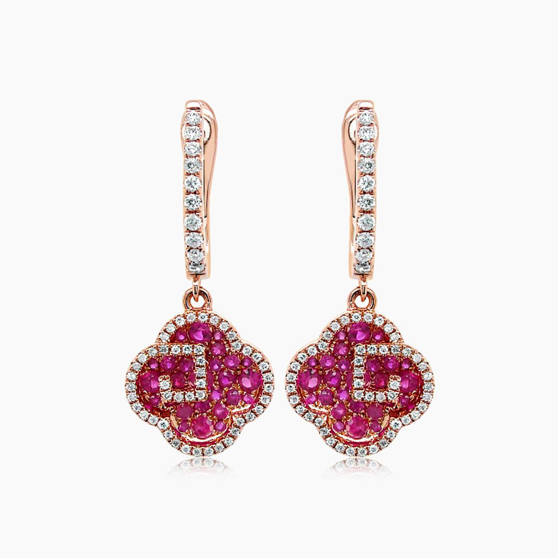 Ruby &amp; Diamond 18K Rose Gold Floral Flower Clover Style Drop Earrings