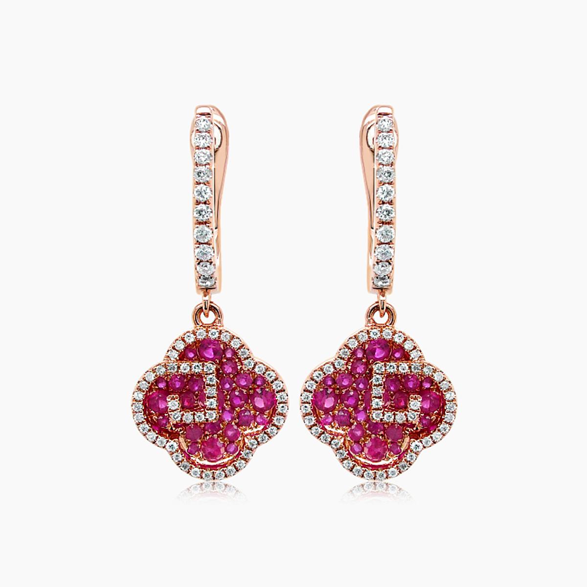 ruby & diamond 18k rose gold floral flower clover style drop earrings