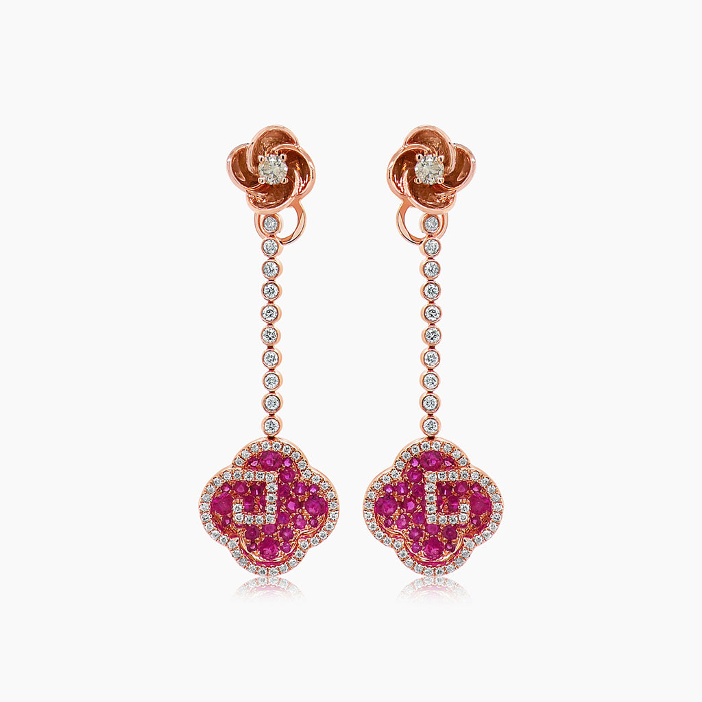 Ruby & Diamond 18K Rose Gold Floral Flower Clover Style Drop Earrings