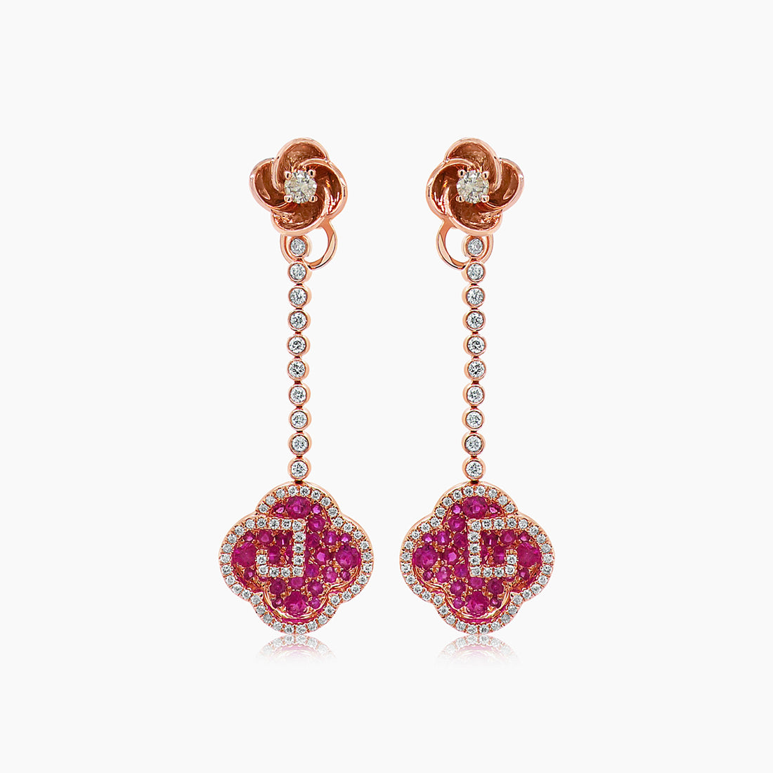 Ruby &amp; Diamond 18K Rose Gold Floral Flower Clover Style Drop Earrings