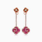 Ruby & Diamond 18K Rose Gold Floral Flower Clover Style Drop Earrings