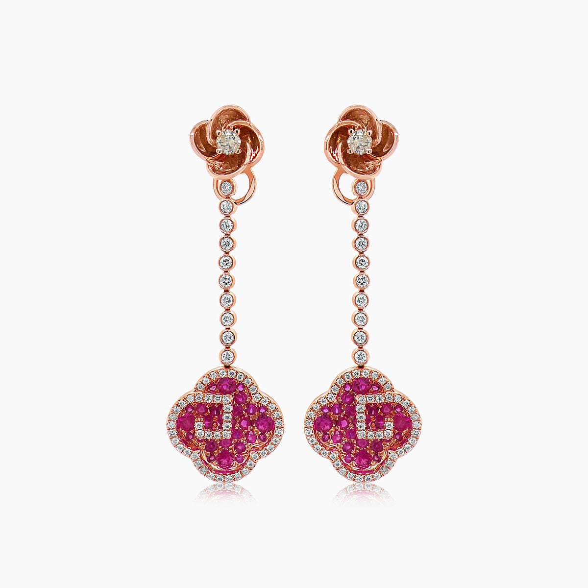 ruby & diamond 18k rose gold floral flower clover style drop earrings