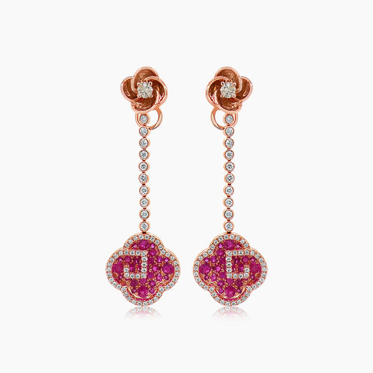 Ruby & Diamond 18K Rose Gold Floral Flower Clover Style Drop Earrings