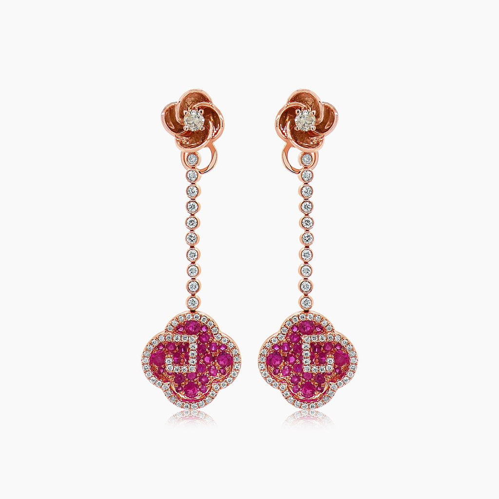 Ruby & Diamond 18K Rose Gold Floral Flower Clover Style Drop Earrings