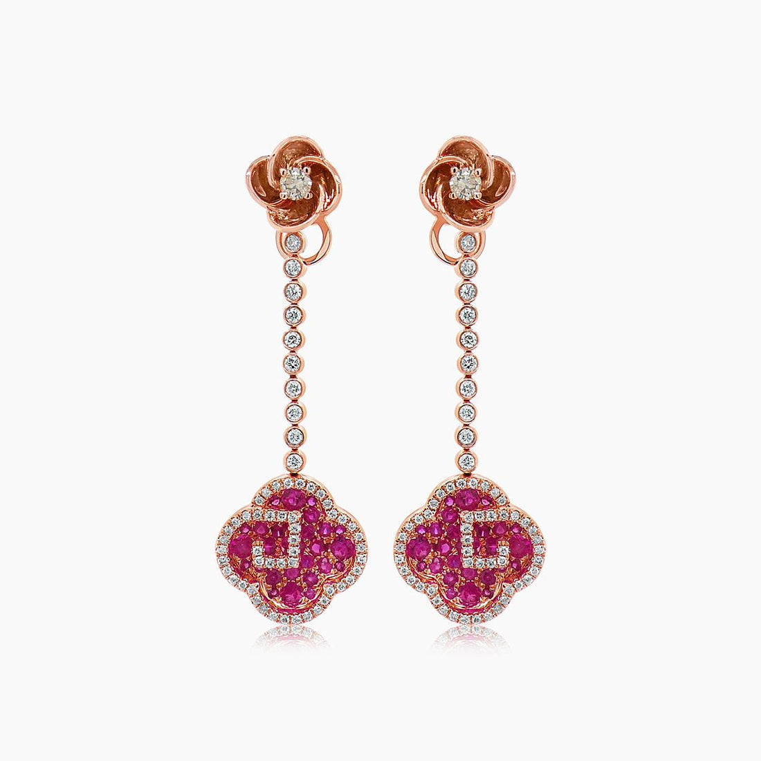 Ruby &amp; Diamond 18K Rose Gold Floral Flower Clover Style Drop Earrings