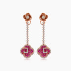 Ruby & Diamond 18K Rose Gold Floral Flower Clover Style Drop Earrings