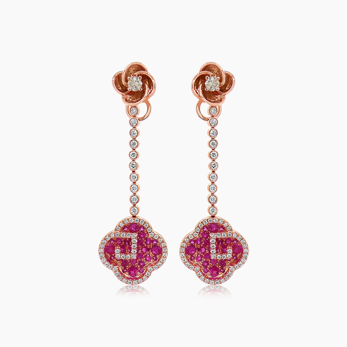 Ruby & Diamond 18K Rose Gold Floral Flower Clover Style Drop Earrings