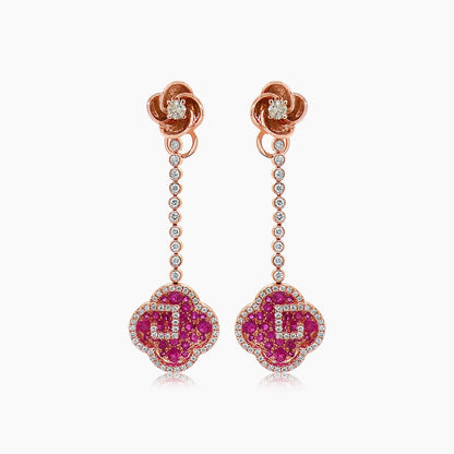 Ruby & Diamond 18K Rose Gold Floral Flower Clover Style Drop Earrings