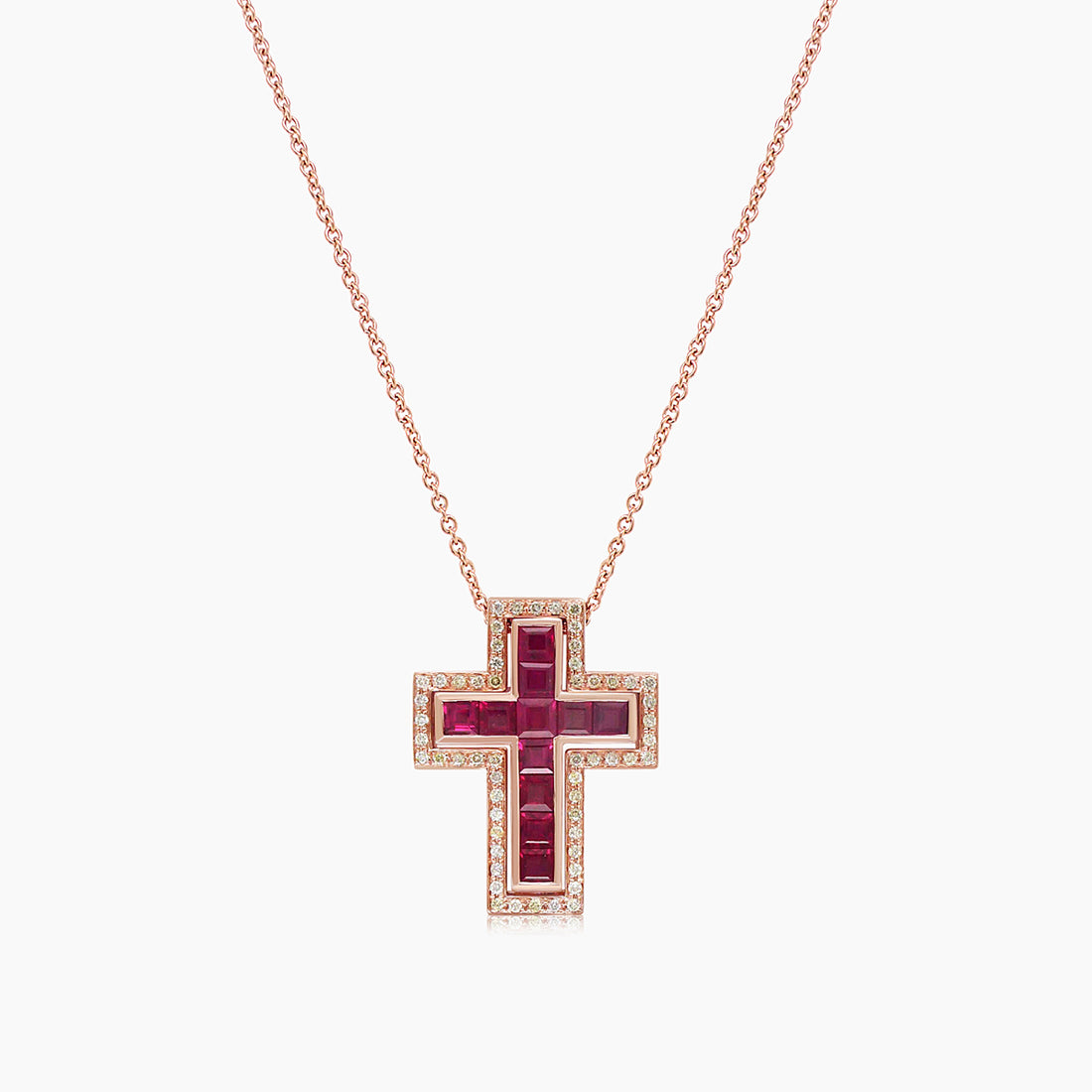 Red Ruby & Fancy Diamond Halo 18K Rose Gold Cross Pendant Necklace