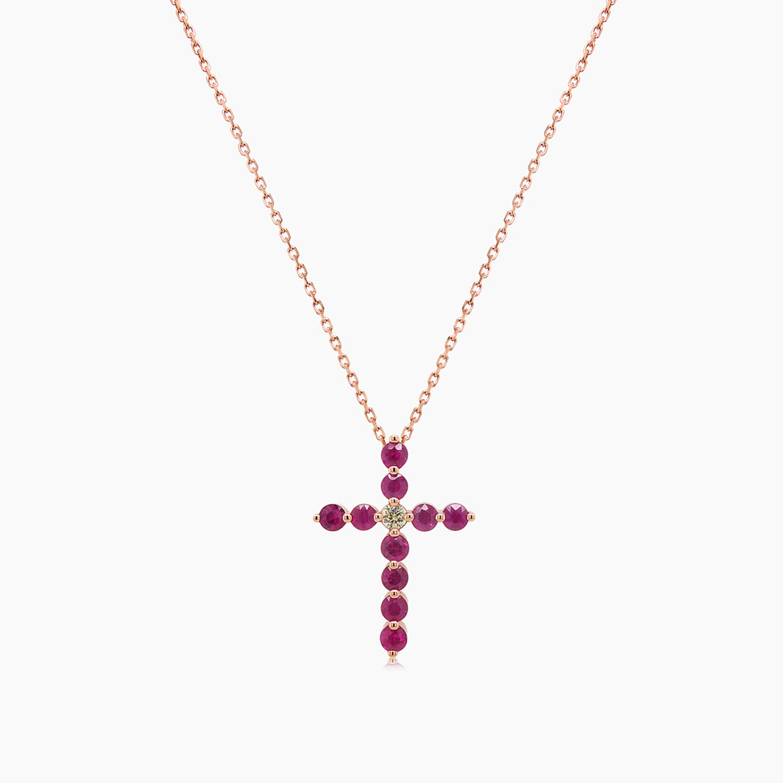 Red Ruby & Fancy Diamond 18K Rose Gold Cross Pendant Necklace