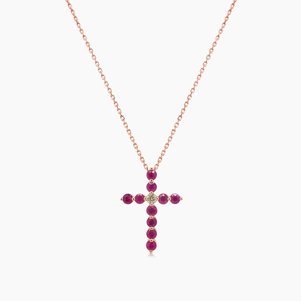 Red Ruby & Fancy Diamond 18K Rose Gold Cross Pendant Necklace