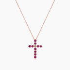 Red Ruby & Fancy Diamond 18K Rose Gold Cross Pendant Necklace