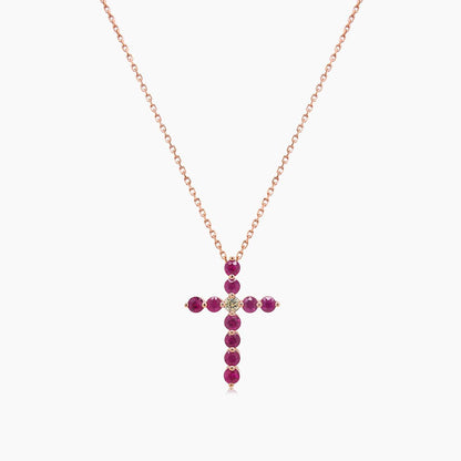 Red Ruby & Fancy Diamond 18K Rose Gold Cross Pendant Necklace
