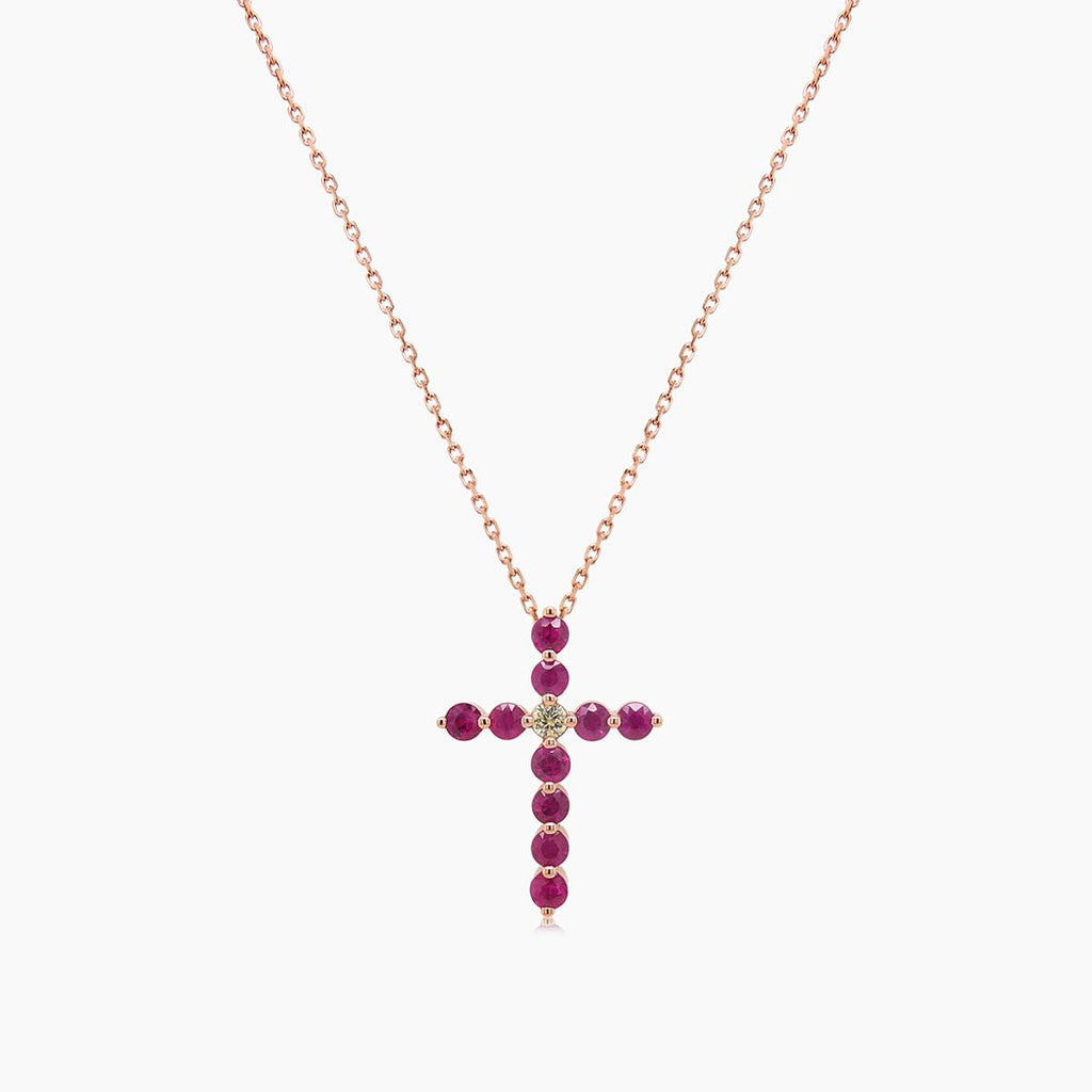 Red Ruby & Fancy Diamond 18K Rose Gold Cross Pendant Necklace