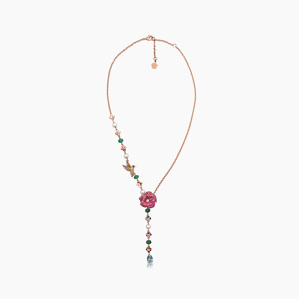 Aquamarine & Multi-Color Sapphire & Pearl & Fancy Diamond Floral Gold Necklace