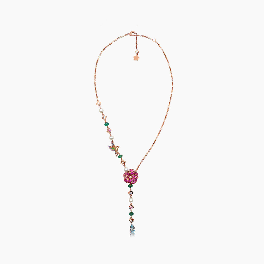 Aquamarine &amp; Multi-Color Sapphire &amp; Pearl &amp; Fancy Diamond Floral Gold Necklace