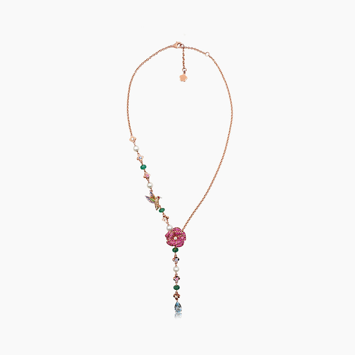 aquamarine & multi-color sapphire & pearl & fancy diamond floral gold necklace