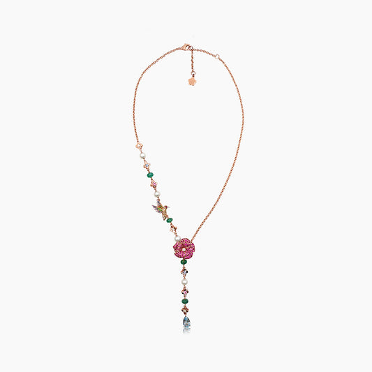 Aquamarine & Multi-Color Sapphire & Pearl & Fancy Diamond Floral Gold Necklace