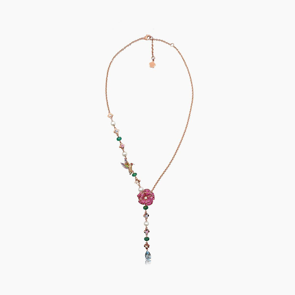 Aquamarine & Multi-Color Sapphire & Pearl & Fancy Diamond Floral Gold Necklace