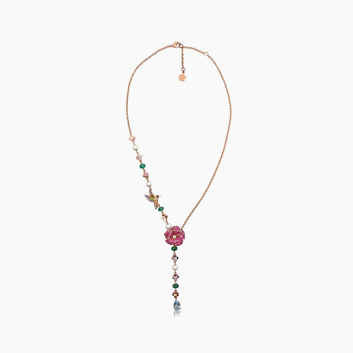 Aquamarine & Multi-Color Sapphire & Pearl & Fancy Diamond Floral Gold Necklace